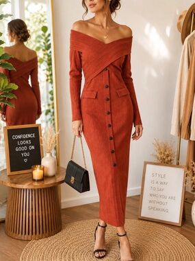 Elegant Rust Off-Shoulder Bodycon Dress